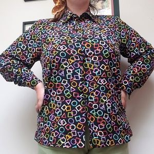 Vintage 80s/90s Geometric Print Button Up Shirt/Blouse with Shoulder Pads